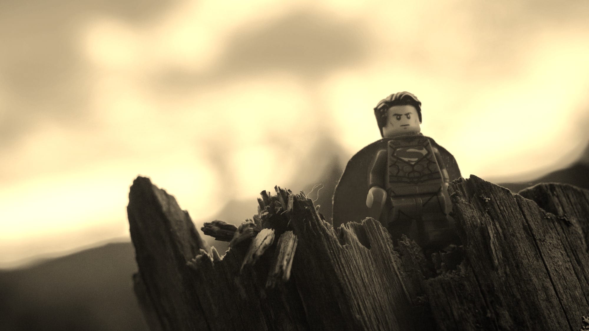 Lego Superman mini figure on tree trunk